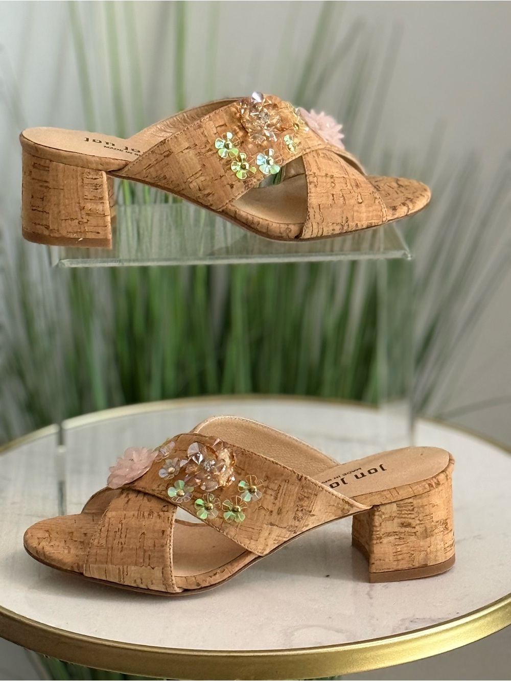 NIB Jon Josef Cork Slide Sandals with Floral Embellishments - Natural